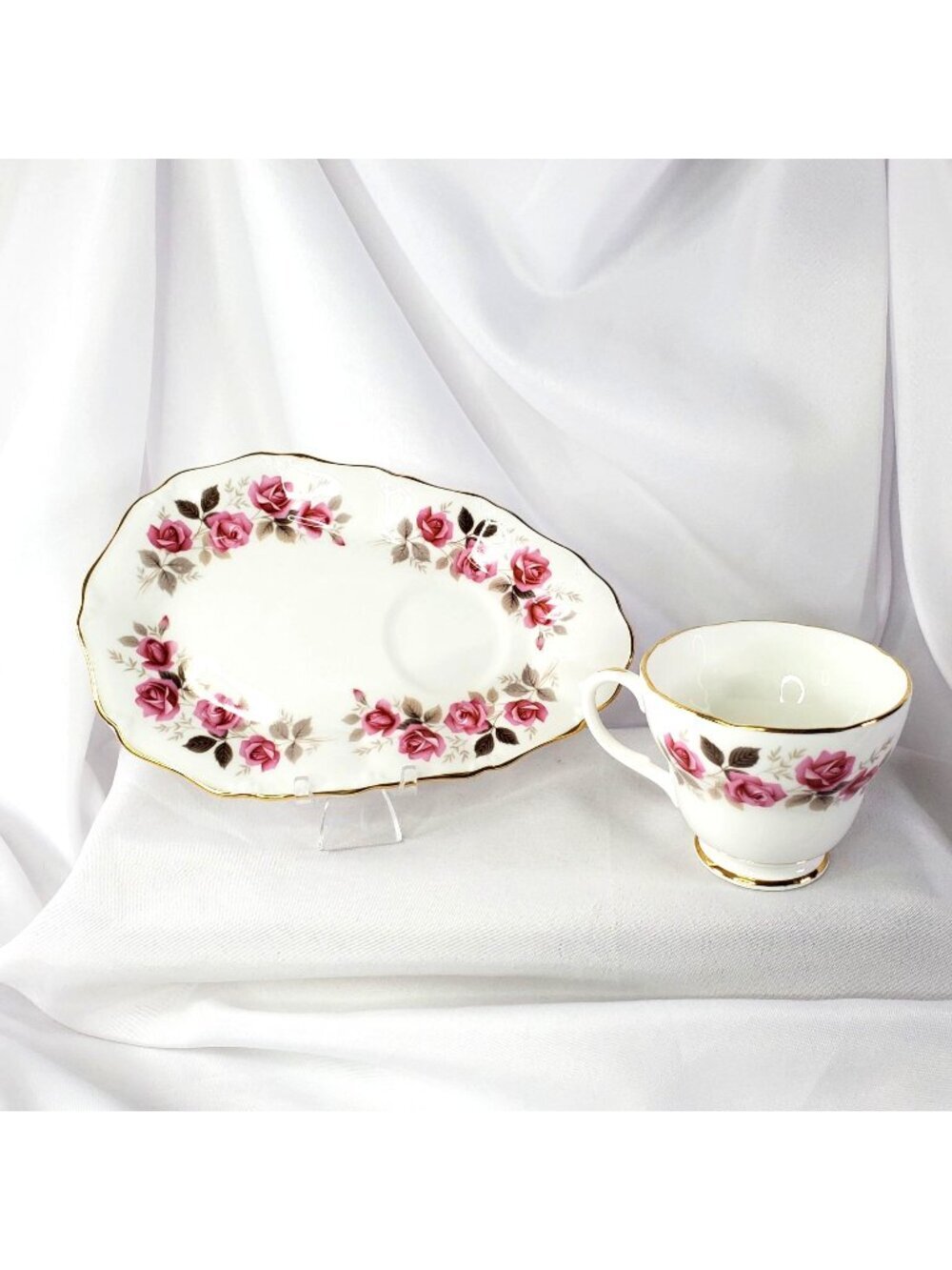 Duchess Bone China Silver Rose Pink Floral Teacup Snack Set England 310